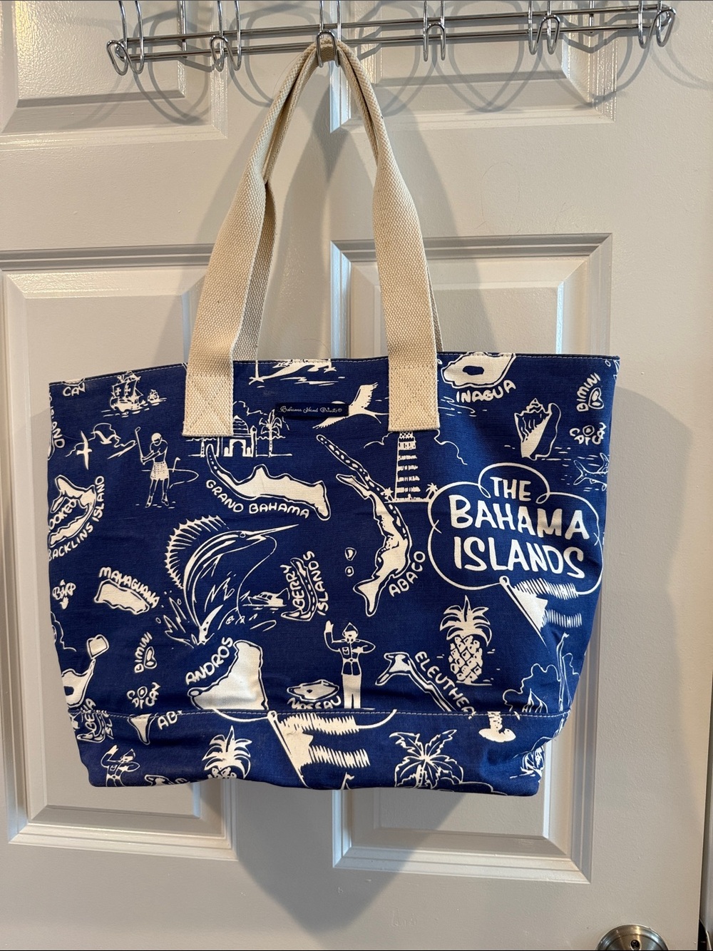 Bahama Hand Prints Blue Canvas Beach Bag with Cream Handles